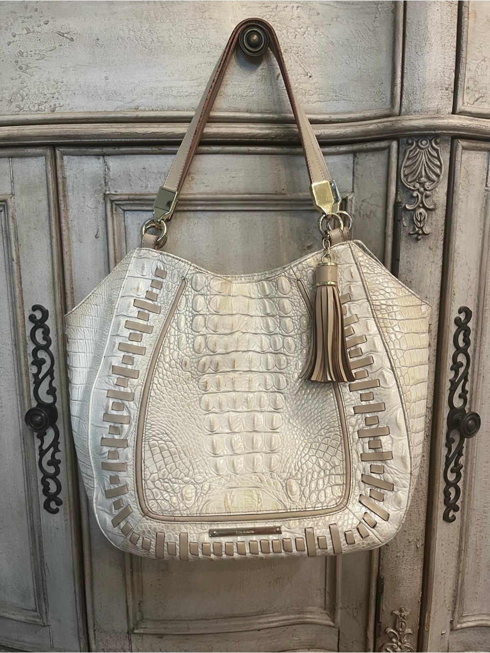 Brahmin Cream Croc-Embossed Shoulder Bag with Tassel